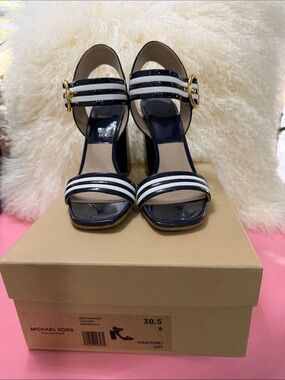 Michael Kors Navy and White Striped Patent Block Heel Sandals